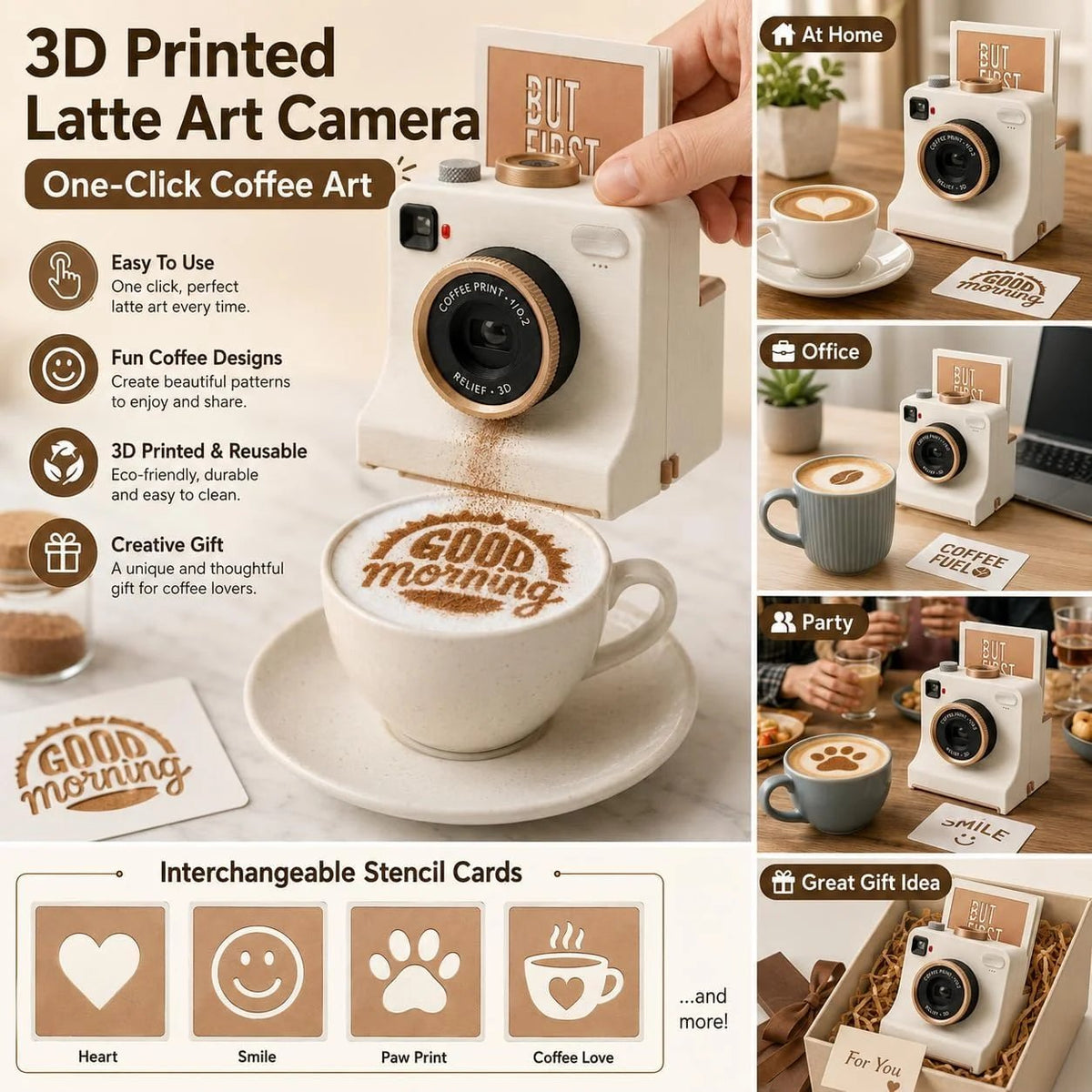 ☕📸 Camera-Style Latte Art Maker – Reusable Stencil Press