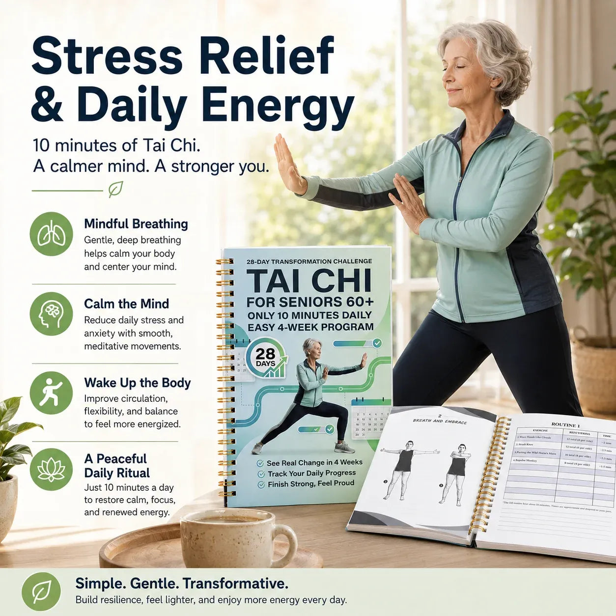 🔥🎁🔥Tai Chi Walking for Seniors, Spiral Bound 28 Day Morning Plan