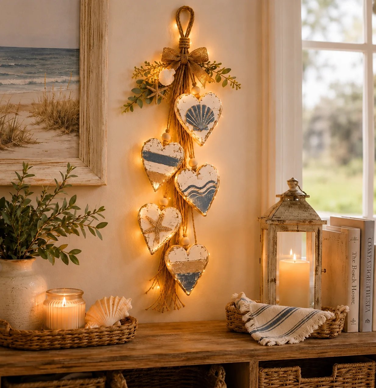 🩵 3D Solid Wood Lighted Hanging Heart Wall Decor – Remote-Controlled Rustic Farmhouse Decoration 🌊🎁BUY 2 FREE SHIPPING