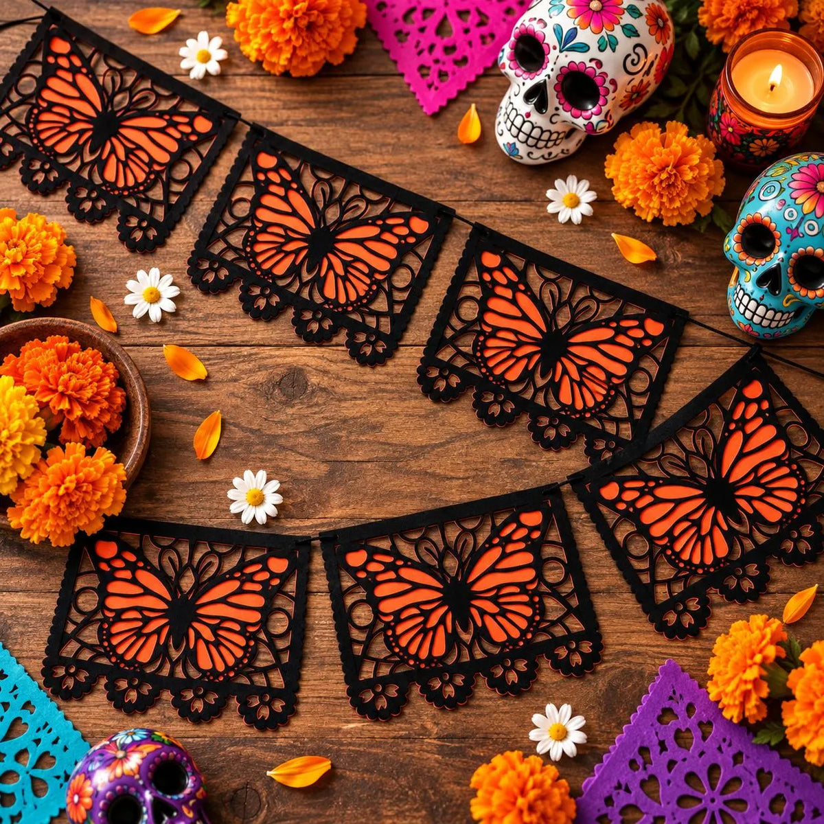 ⏳ Last Day 49% OFF – 🦋 Monarch Butterfly Día de los Muertos Banner | 9.8FT Black & Orange Papel Picado-Style Garland 🌺