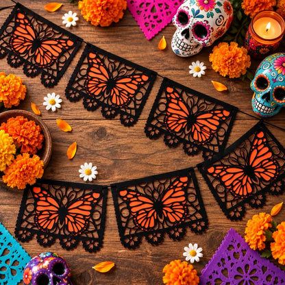 ⏳ Last Day 49% OFF – 🦋 Monarch Butterfly Día de los Muertos Banner | 9.8FT Black & Orange Papel Picado-Style Garland 🌺