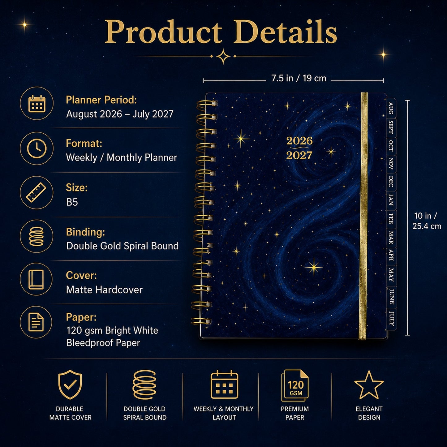 🔥 LAST DAY 49% OFF – 🌌 2026-2027 Midnight Galaxy Mid-Year Planner | 120gsm Bleedproof Paper, Goal Trackers, Reflection Pages, Monthly Tabs, Stickers & Back Pocket ✨