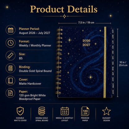 🔥 LAST DAY 49% OFF – 🌌 2026-2027 Midnight Galaxy Mid-Year Planner | 120gsm Bleedproof Paper, Goal Trackers, Reflection Pages, Monthly Tabs, Stickers & Back Pocket ✨