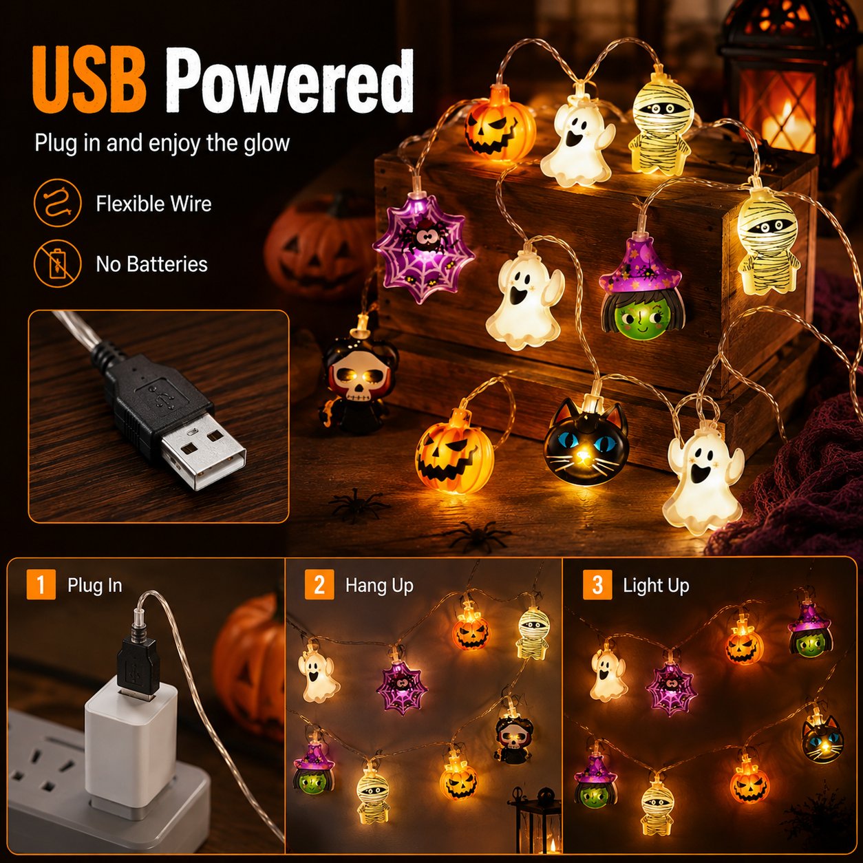 🎃 Halloween Decor Sale 49% OFF – USB Pumpkin, Witch & Ghost LED String Lights