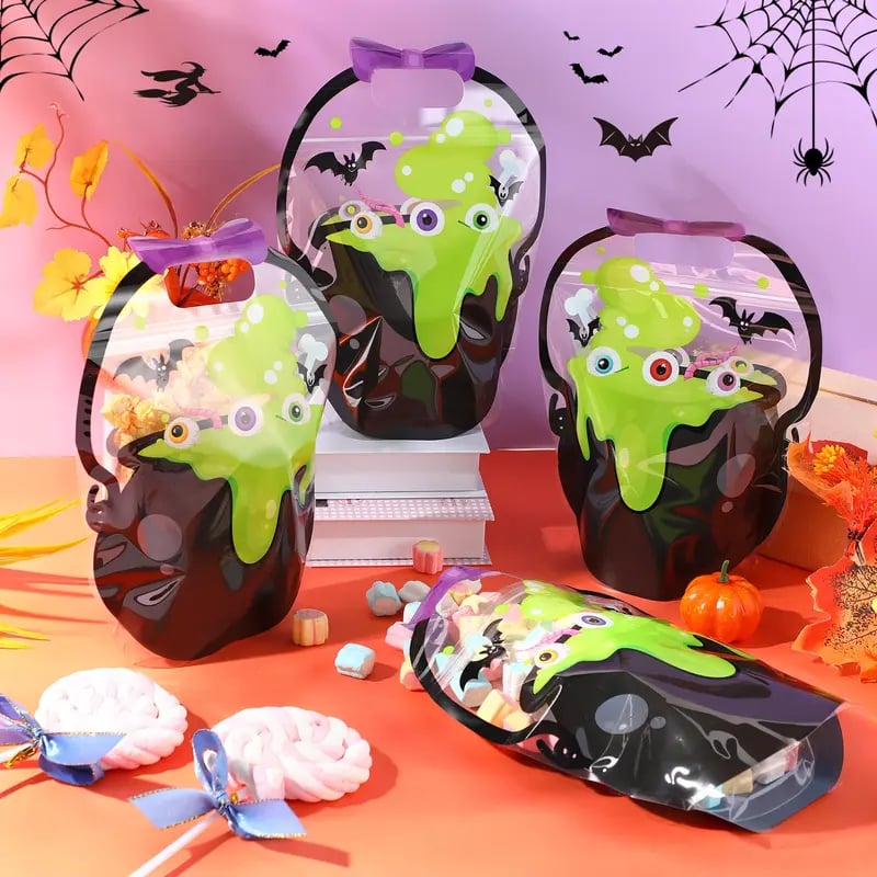 🎃25/50 PCS Halloween Goodie Bags with Handles, Pumpkin Specter Candy Gift Bags, Transparent Trick or Treat Party Favor Bags