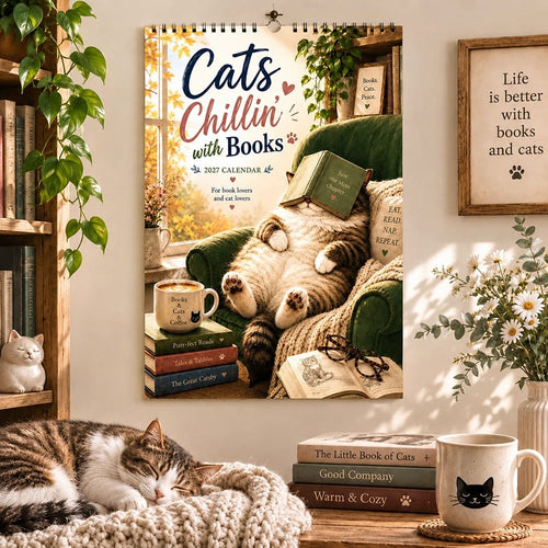 🐱Cats Chillin' with Books 2027 Wall Calendar | A4 Cozy Cat & Book Lover Calendar
