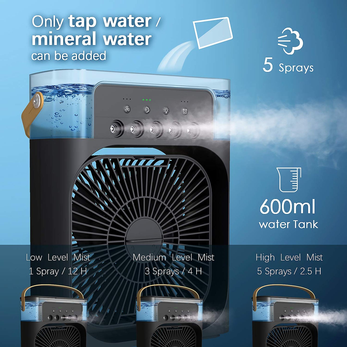 Portable Air Cooler Fan with 5 Spray Misting & 7 Color LED Night Light