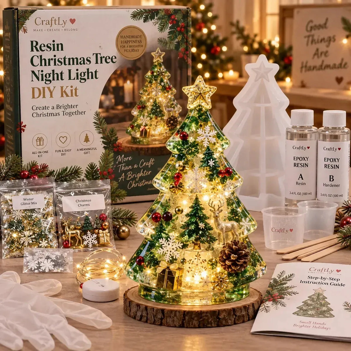 ⏳ Last Day 49% OFF – 🎄Beginner-Friendly Resin Christmas Tree Night Light DIY Kit | Mold, Resin, Fairy Lights & Festive Decorations Included ✨