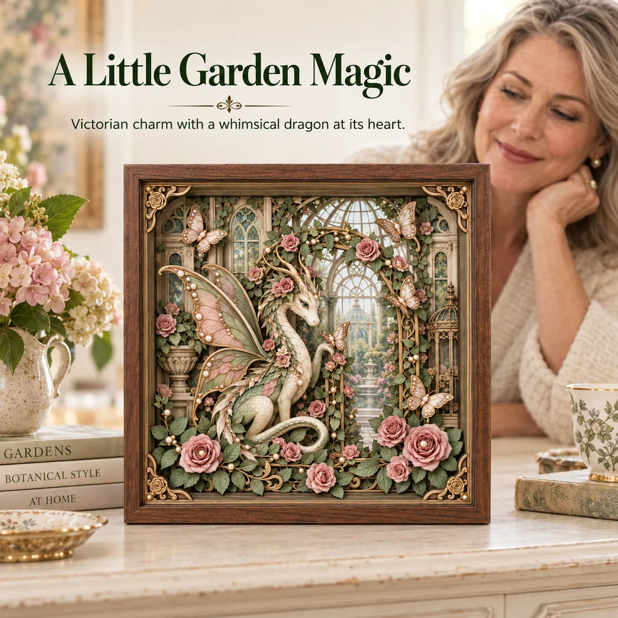 🐉 Vintage Victorian Garden Dragon 3D Framed Art