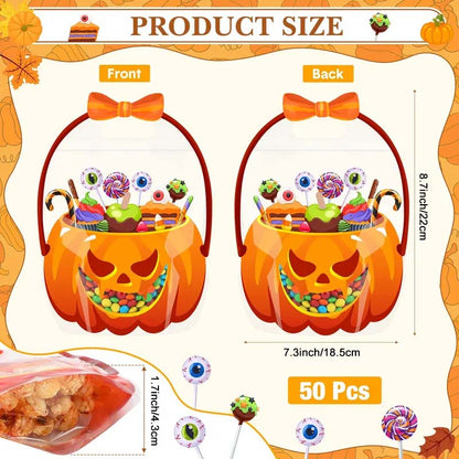 🎃25/50 PCS Halloween Goodie Bags with Handles, Pumpkin Specter Candy Gift Bags, Transparent Trick or Treat Party Favor Bags