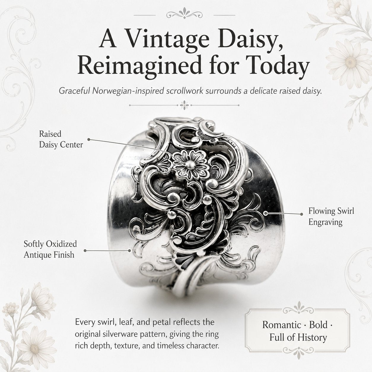 ✨ Handmade Adjustable Sterling Silver Spoon Ring – Norwegian Swirl with Daisy Design, Crafted from Vintage Silverware