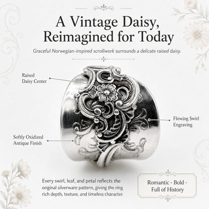 ✨ Handmade Adjustable Sterling Silver Spoon Ring – Norwegian Swirl with Daisy Design, Crafted from Vintage Silverware