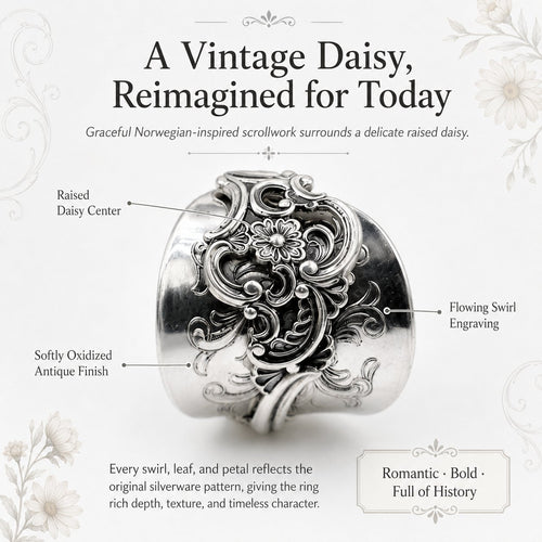 ✨ Handmade Adjustable Sterling Silver Spoon Ring – Norwegian Swirl with Daisy Design, Crafted from Vintage Silverware