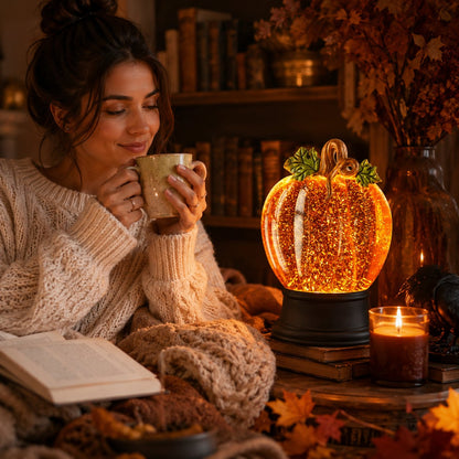 Orange Fall Pumpkin Lighted Glitter Swirl Water Globe