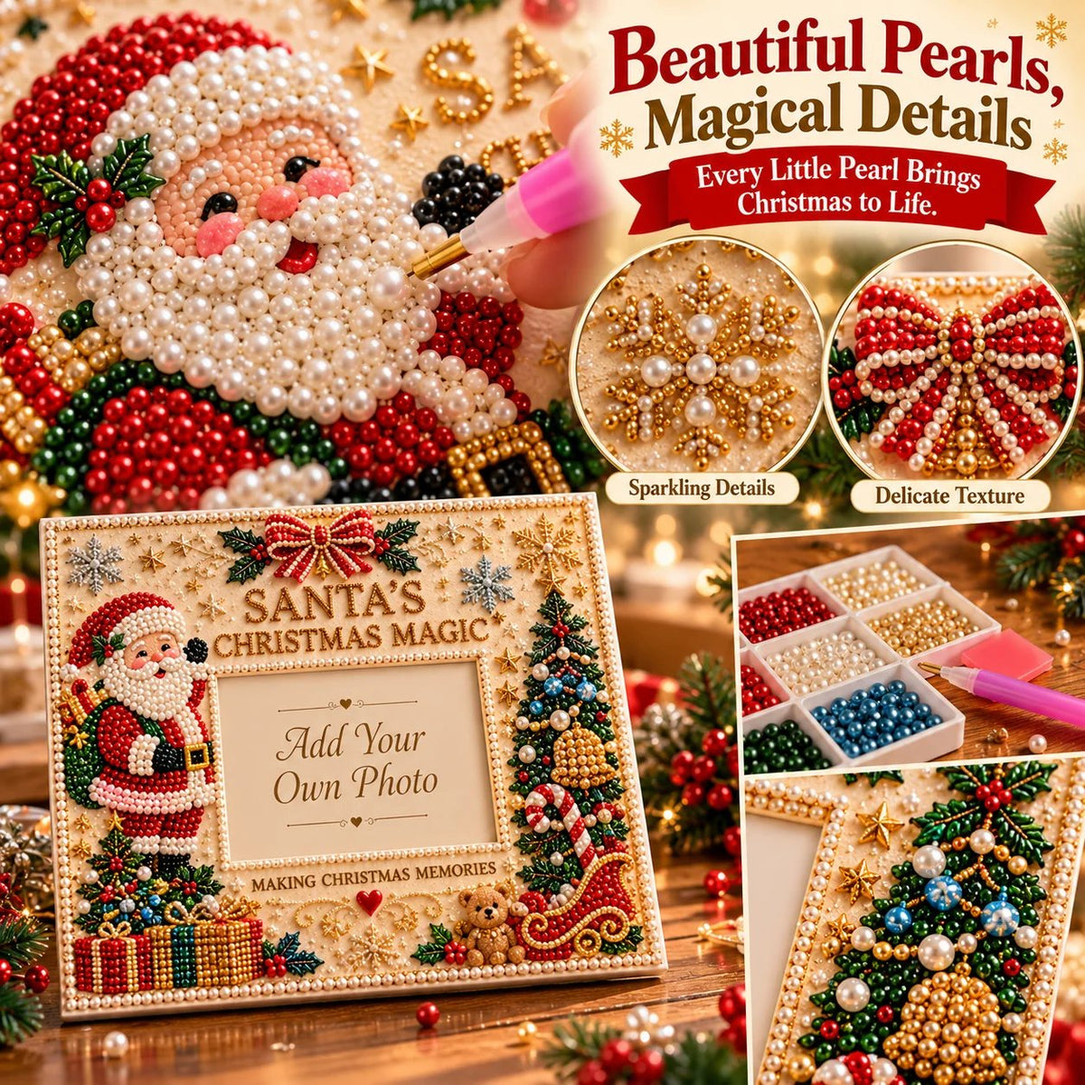 🎄 DIY Christmas Pearl & Rhinestone Photo Frame Kit | Beginner-Friendly Holiday Craft 💎