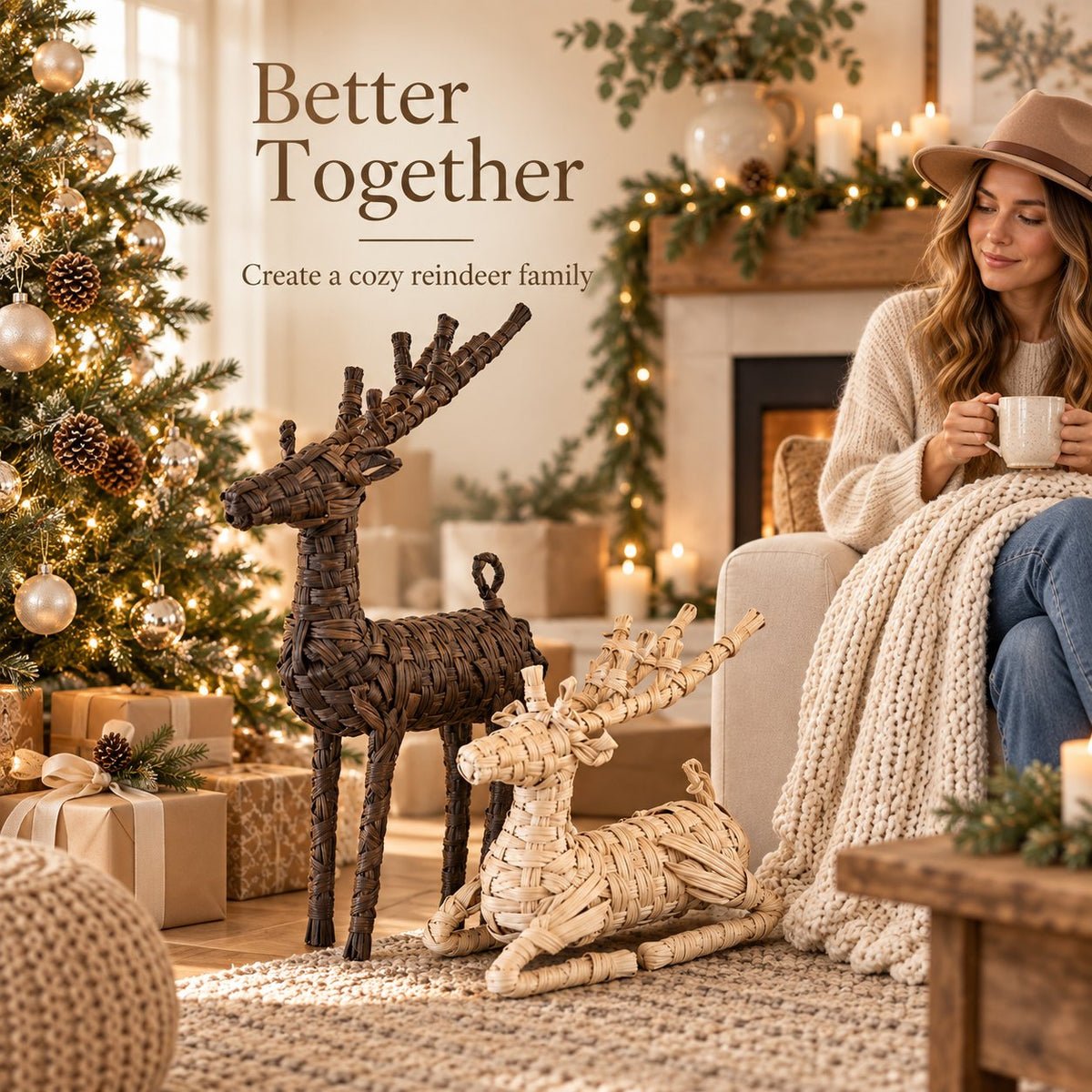 🦌 Woven Rattan Reindeer Christmas Décor – Rustic Holiday Reindeer