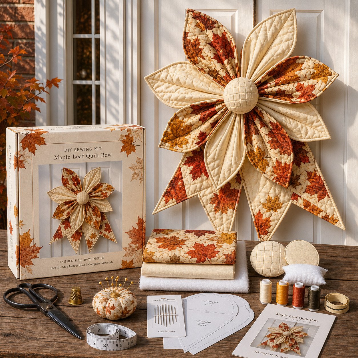 🎀 Oversized Quilted Bow Sewing Kit | Coordinated Printed Fabrics, Soft Batting, Pre-Designed Templates & Complete Supplies for a Full 23–25 in Statement Bow 🍁✨