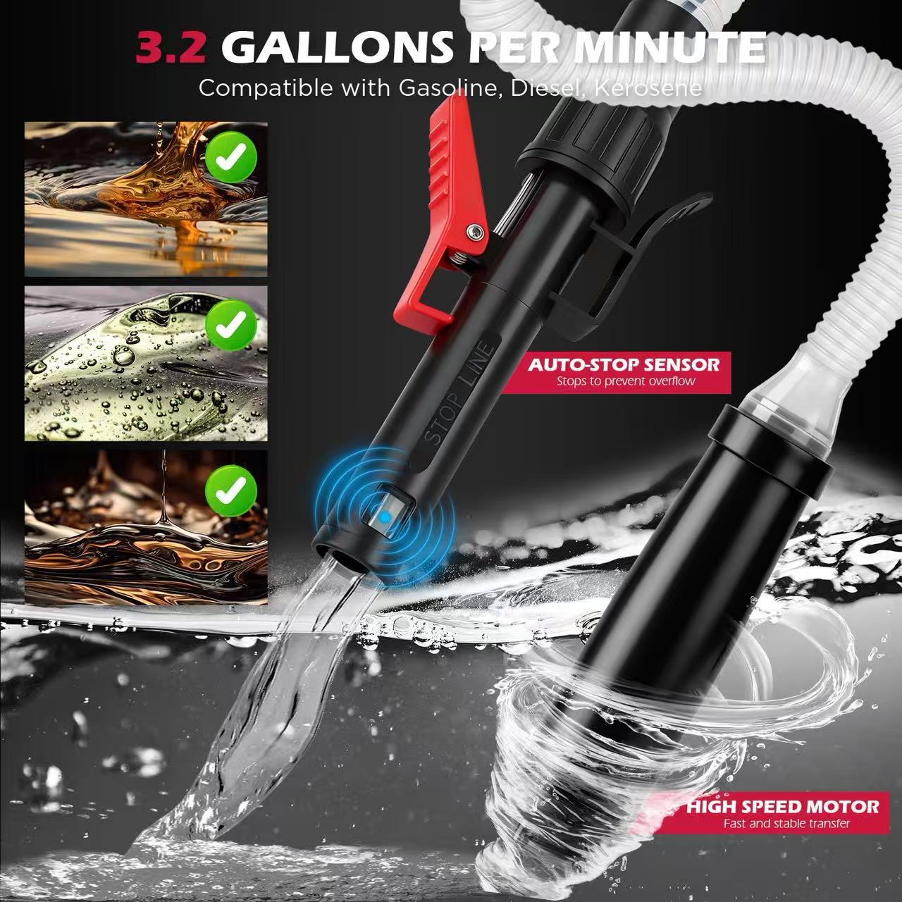 Portable Automatic Transfer Pump 3.2 GPM – Electric Battery Powered Liquid Transfer with Auto-Stop Sensor & 3 Adapters