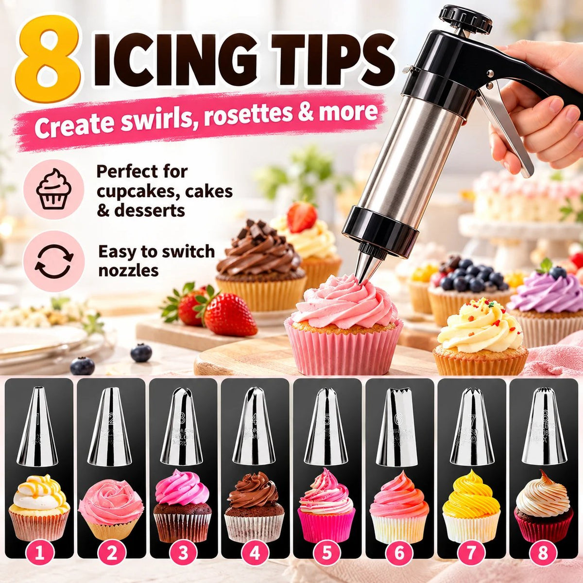 🍪 Stainless Steel Cookie Press & Decorating Kit | 13 Cookie Discs + 8 Icing Tips for Cookies, Cupcakes & Cakes 🧁