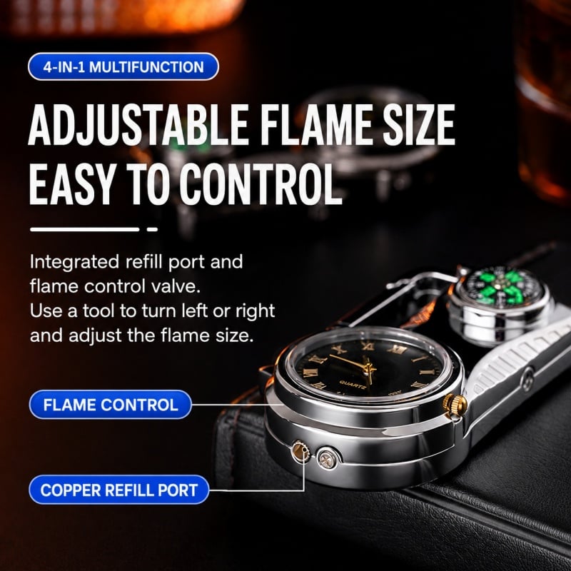 Multifunctional lighter with watch🔥 — — Watch/compass/keychain/bottle opener/cool lamp in one