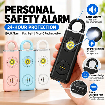 🚨 130dB Personal Safety Alarm 🔦 Rechargeable LED Emergency Alarm Keychain