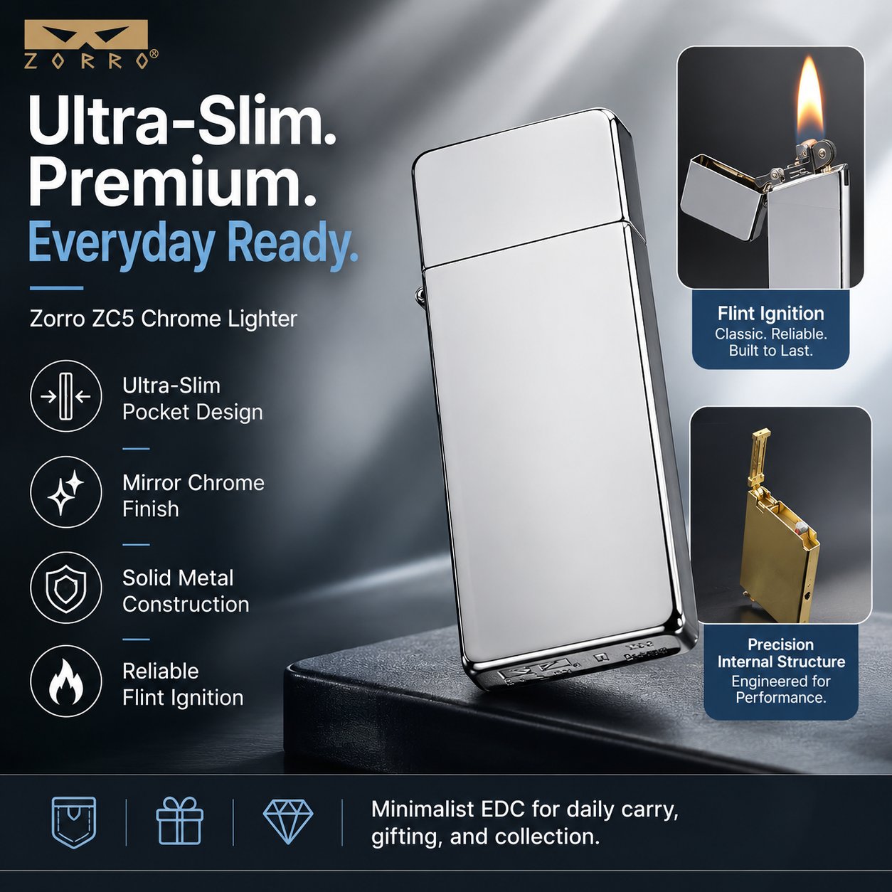 Ultra-Thin Metal Lighter – Mirror Chrome Reusable Kerosene Lighter