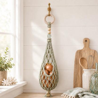 🌊 🥔 Coastal Hanging Produce Storage – Handwoven Breathable Organizer with Easy Side Access
