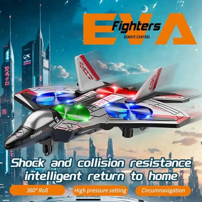 RC Flying Fighter Jet Toy with LED Lights & Stunt Rotation – Durable EVA Foam Remote Control Plane