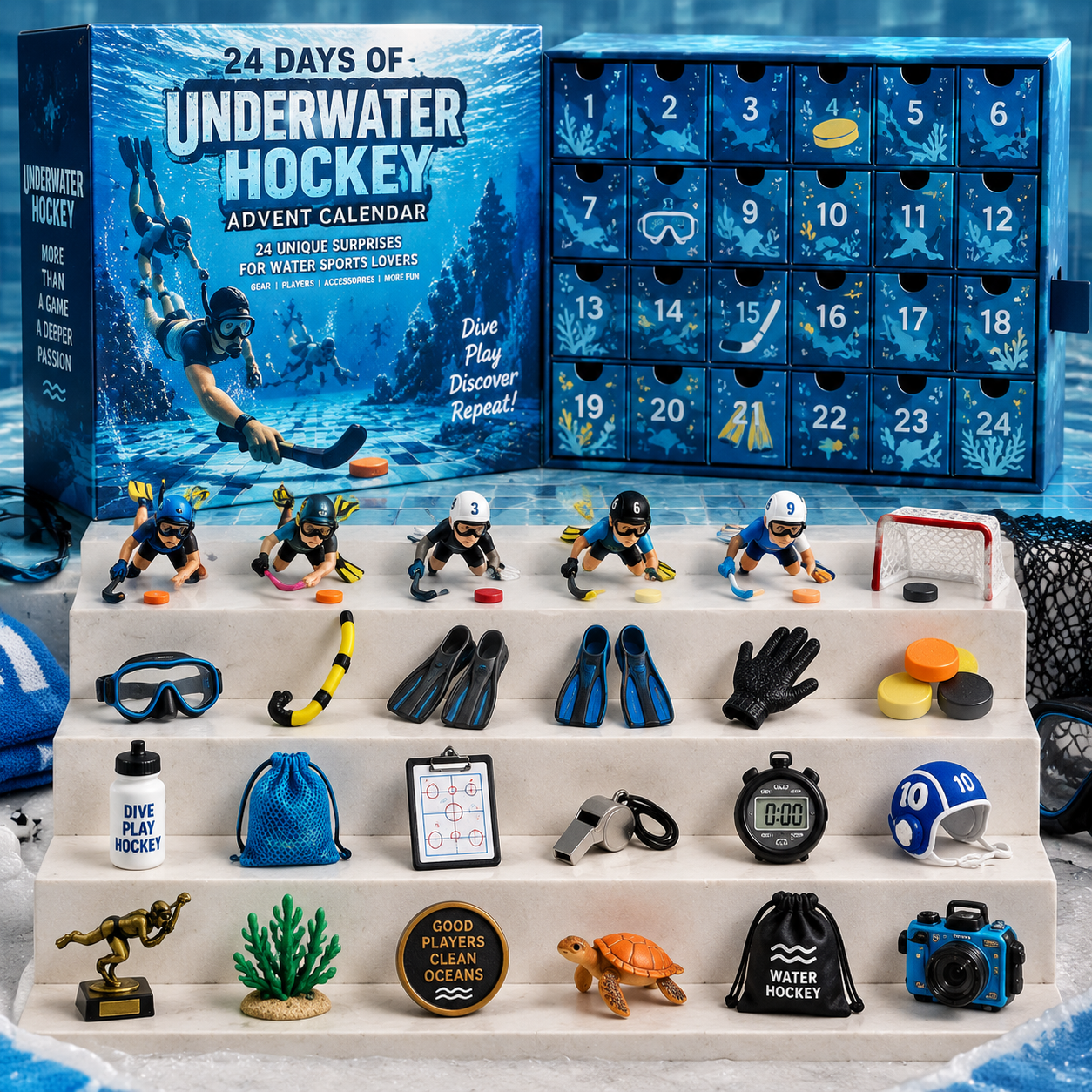 CHRISTMAS KICKOFF 49% OFF - 2026 Days of Underwater Hockey Blind Box - 24-Day Festive Countdown, Underwater Hockey Themed Collectible Miniatures Blind Box - Gift For Water Sports Lovers