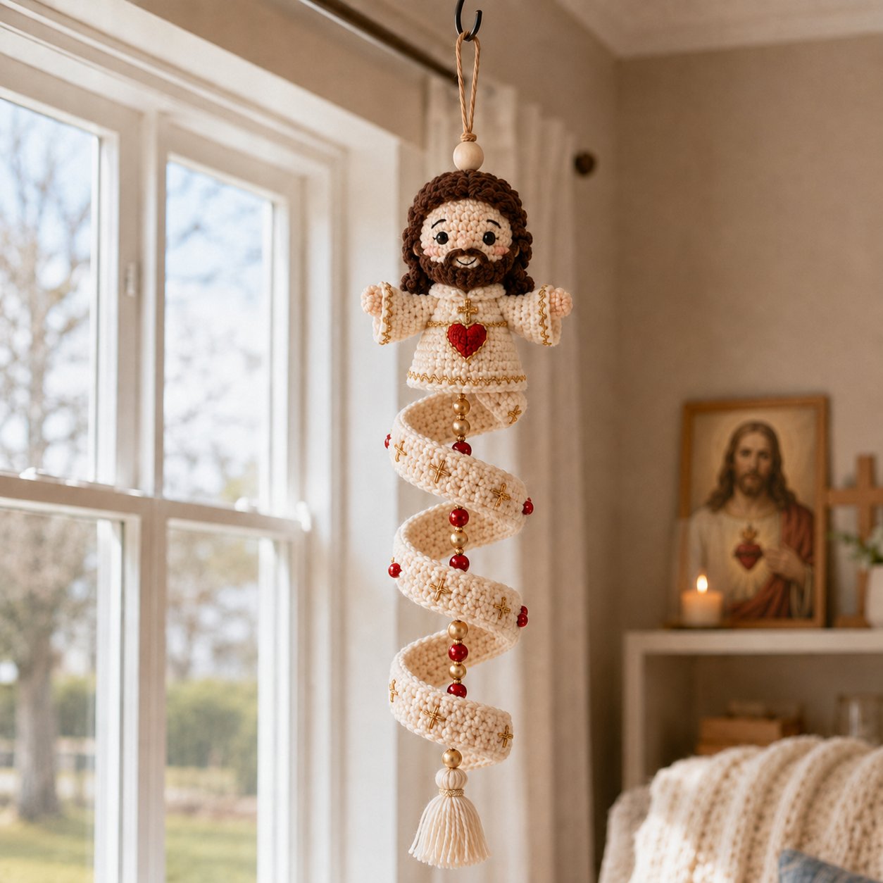 🙏 Handcrafted Crochet Blessed Mother Devotional Spiral Hanging Ornament | Soft Textured Yarn, Plush Filling, Decorative Beads, Golden Cross & Floral Tassel Details 💙✨