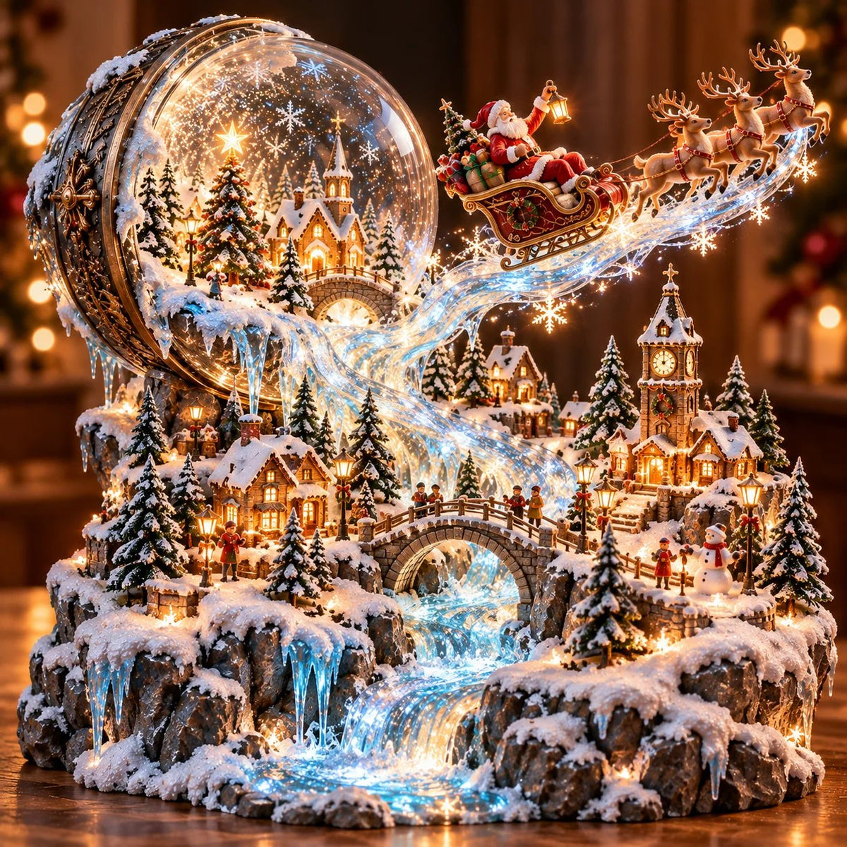 Enchanted Snow Globe style Christmas village with Santa's flying sleigh and a glowing crystal-like stream