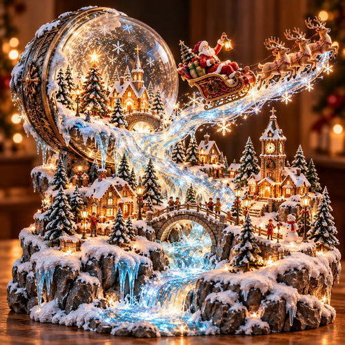 Enchanted Snow Globe style Christmas village with Santa's flying sleigh and a glowing crystal-like stream