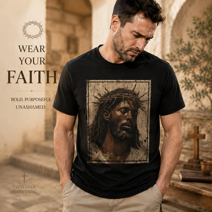 Black Jesus Shirt Face Of Jesus Cross With Crown Of Thorns T-Shirt Streetwear Classic