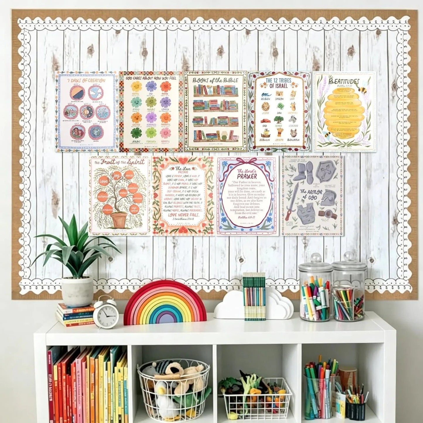 ✝️15 Pack Hand-Drawn Kids Bible Posters 📜 | Sunday School Homeschool Decor | 🙏NIV Bible Translation