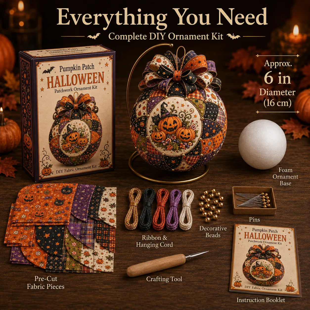 ⏳ Last Day 49% OFF – 🎃 Beginner-Friendly DIY Halloween Classics Patchwork Ornament Kit Collection | Complete Kit with Coordinated Fabrics, Ornament Form, Spooky Accents & Step-by-Step Guide Included 💕