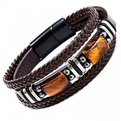 🔥Versatile Vintage Leather Bracelet 📿 Braided Layered Tiger Eye Stone Wristband for Men & Women
