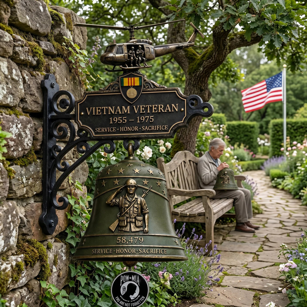 Vietnam Veteran memorial wall bell in garden setting