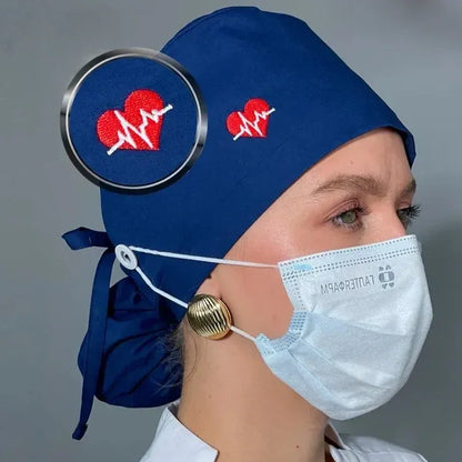 👩‍⚕️Adjustable Cotton Scrub Cap – Roomy Hair Pocket & Mask Buttons