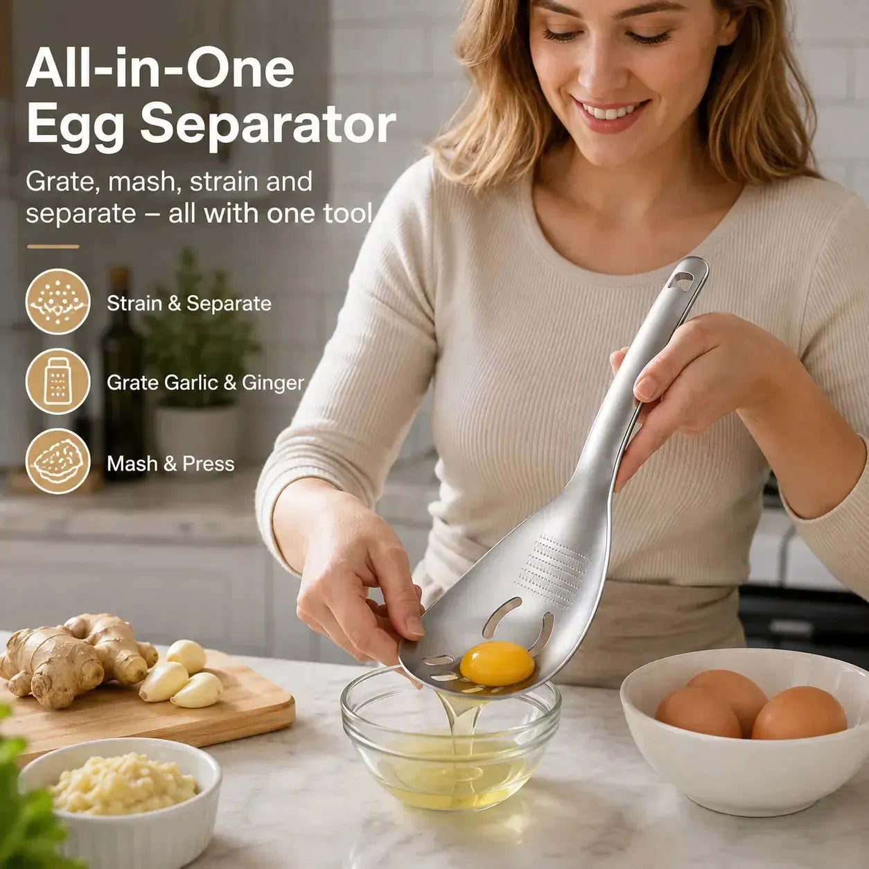 🍳🧄 4-in-1 Stainless Steel Kitchen Prep Spoon – Separate, Grate, Mash & Mix