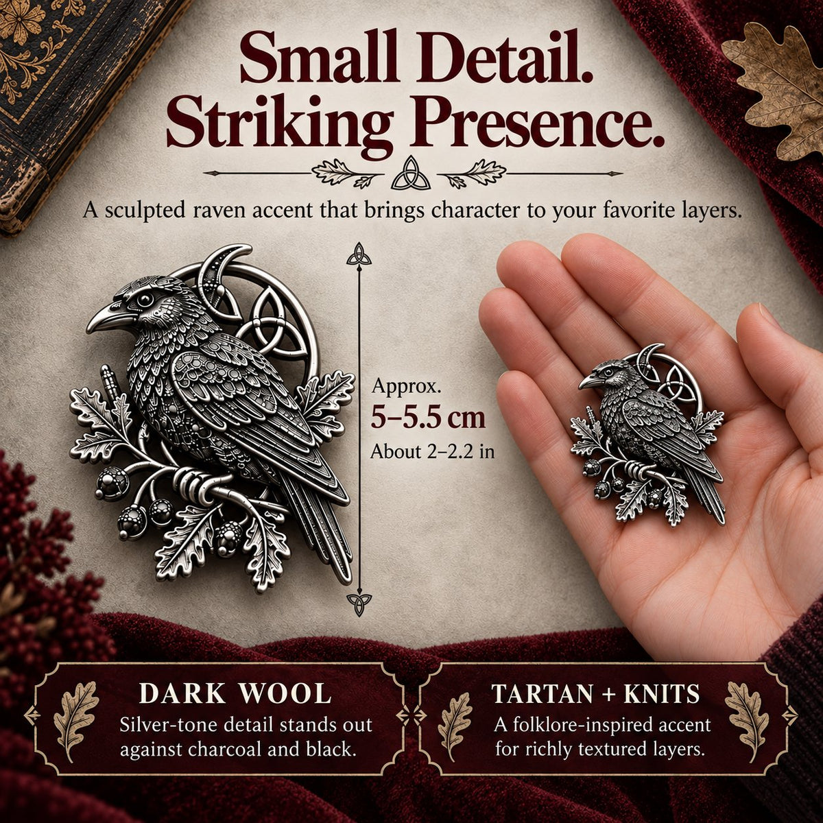 🐦‍⬛ Gothic Celtic Raven Brooch | 4 Single-Brooch Styles