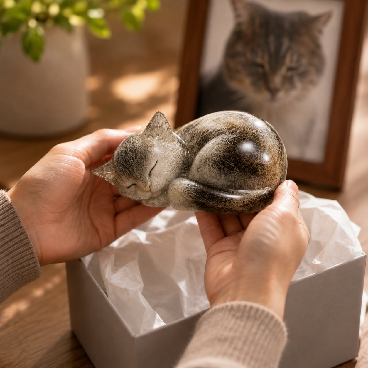 Sleeping Cat Pet Memorial Fur Keepsake — Keep a Real Part of Them Close
