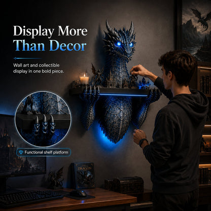 LED Dragon Bust Wall‑Mounted Sculpture Fantasy Themed Wall Decor With Blue Ambient Light For Game Room & Living Space
