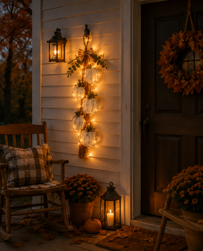 🎃 Rustic White Pumpkin Hanging Swag – 5-Pumpkin Fall Door & Wall Decoration for Farmhouse Autumn Decor