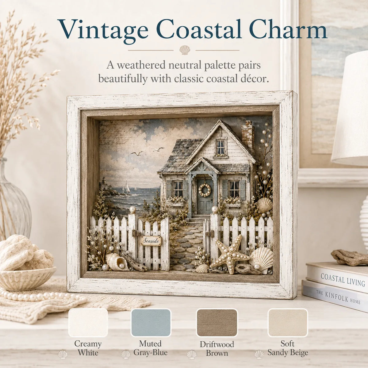 🐚Vintage Seaside Cottage Pearl Diamond Shadow Box DIY Kit