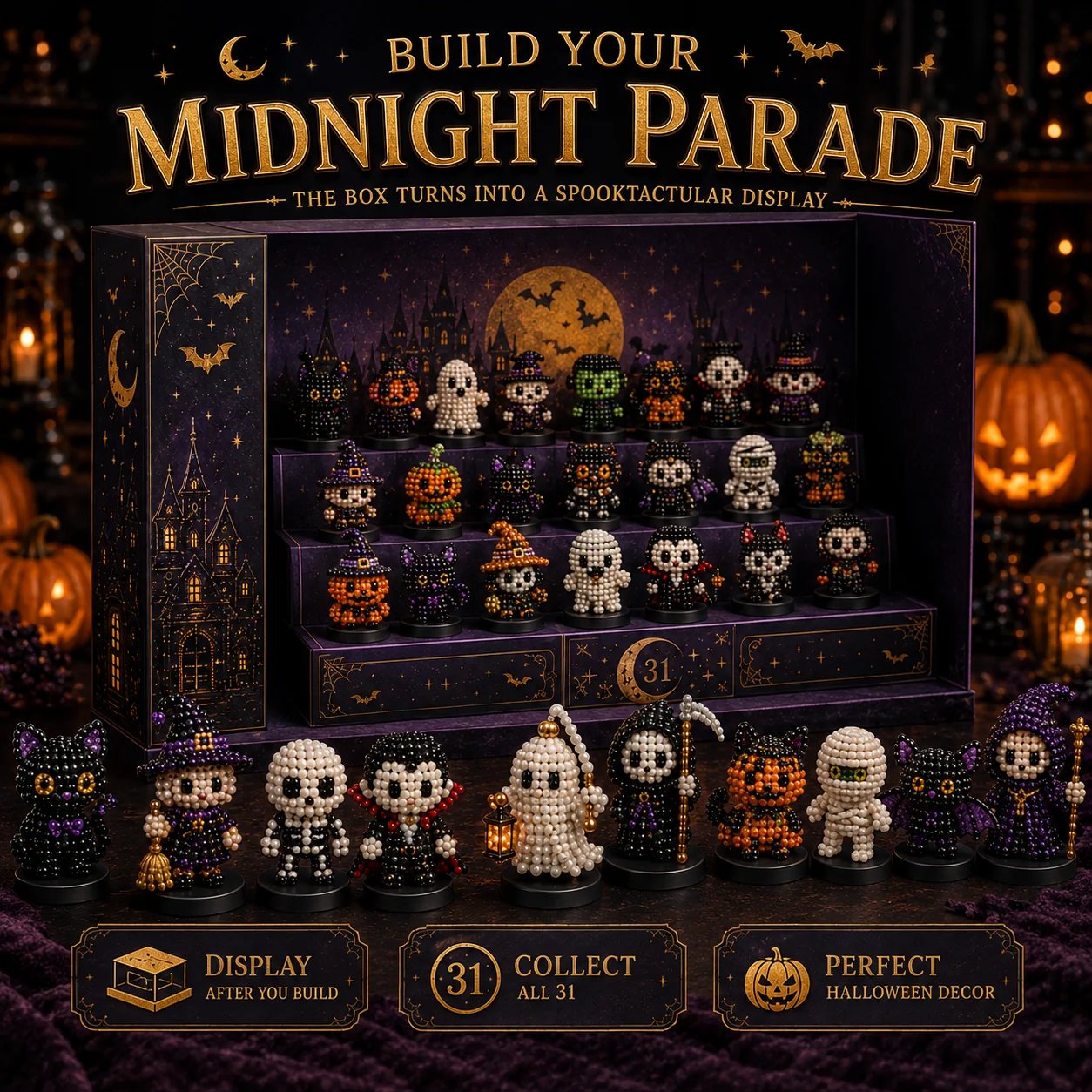 🔥 LAST DAY 49% OFF – 🎃 Hollowmoon 31-Night Jewel-Bead Countdown Calendar | 31 Daily DIY Characters, Complete Craft Supplies & Midnight Parade Display 💎✨