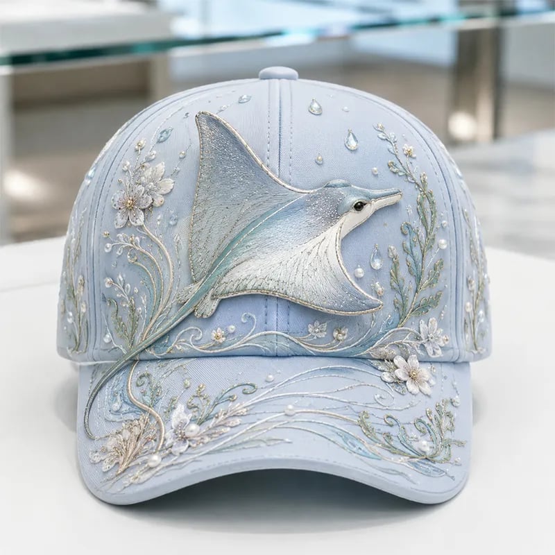 🌊 3D Ocean Creatures Embroidery Cap | Pearl & Crystal Adjustable Hat for Beach, Travel & Everyday Wear