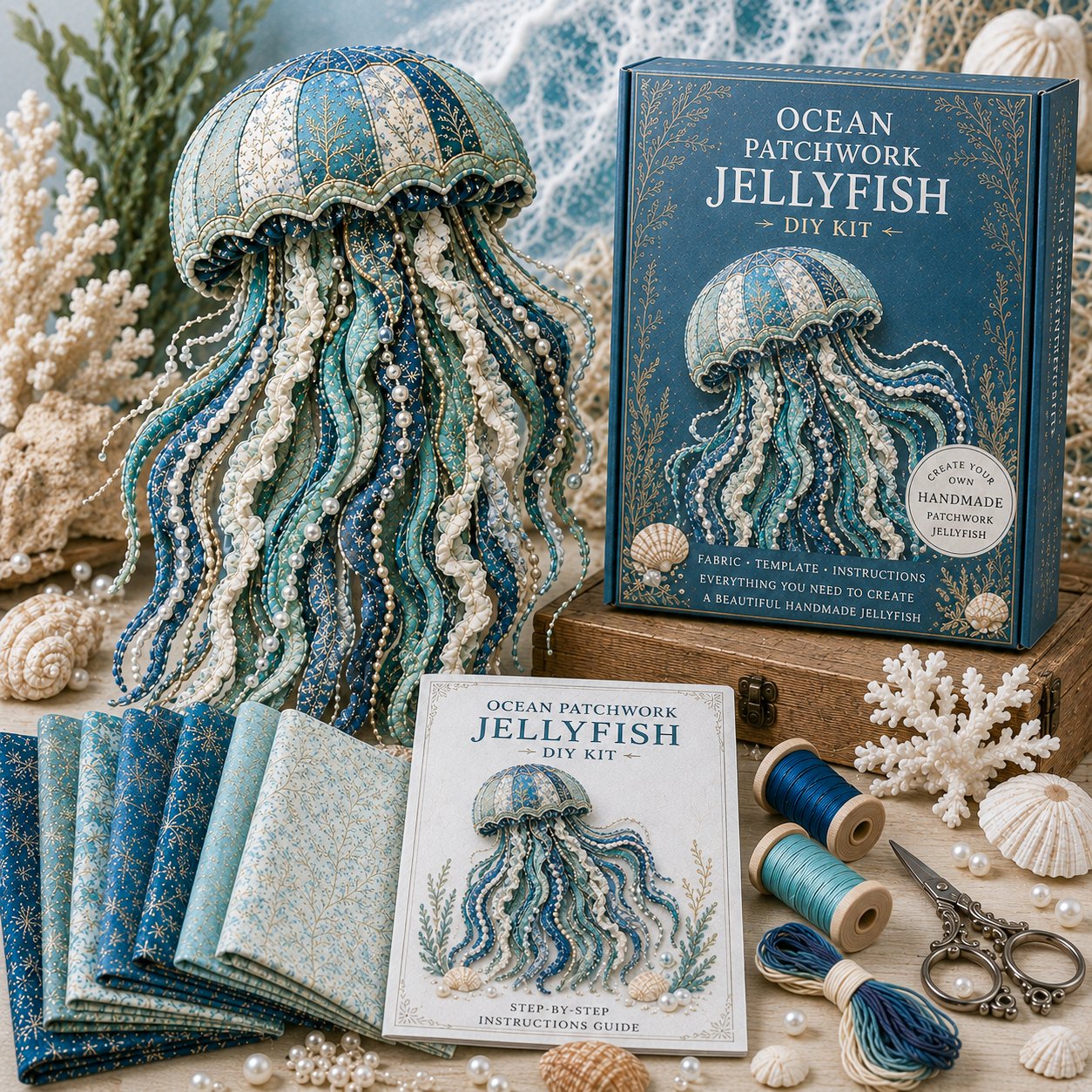 🌊🧵 Premium Ocean Patchwork DIY Kit | High-Quality Layered Fabric with Stitched Details DIY Handmade Coastal Decor 🐚✨