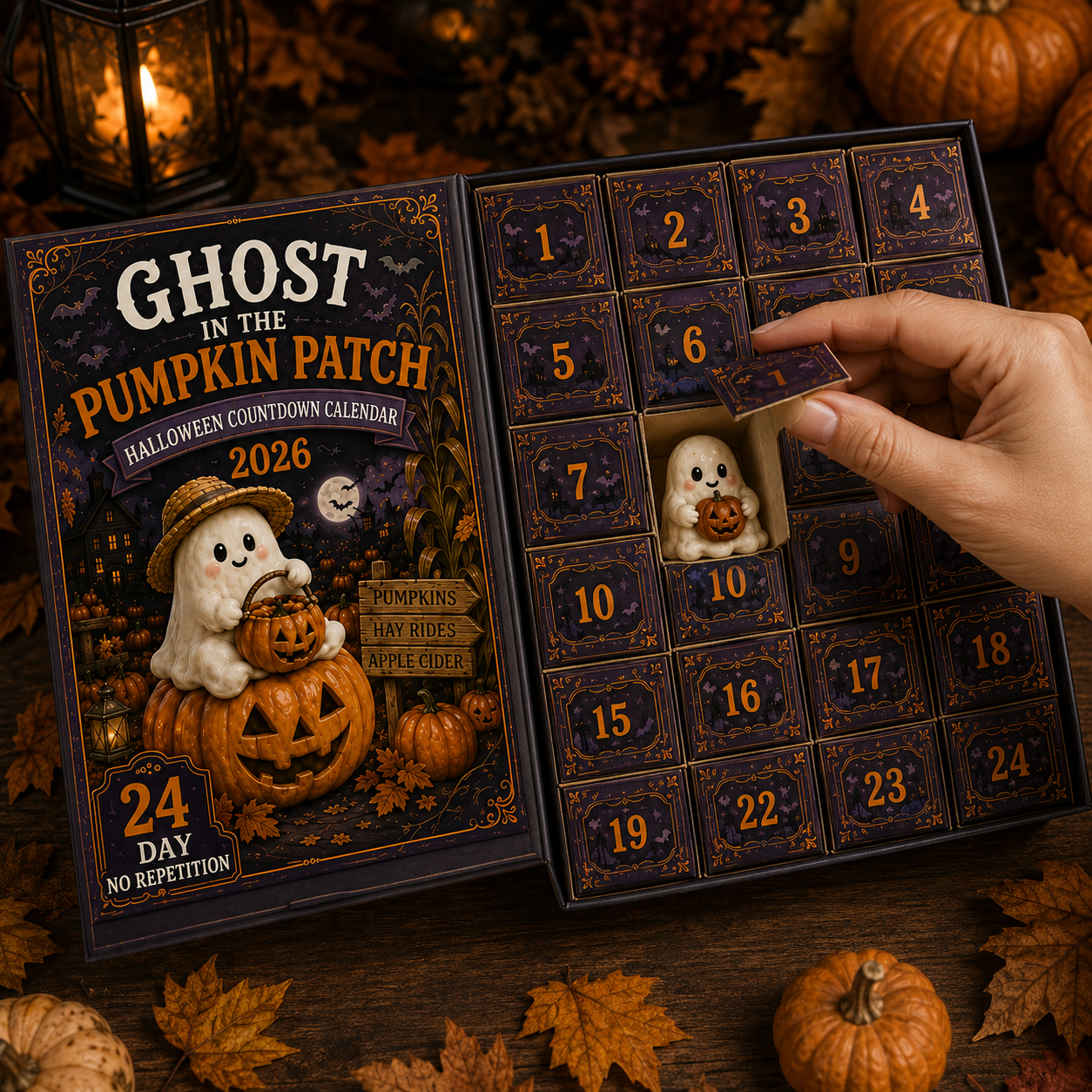 Opening a numbered door of the Ghost in the Pumpkin Patch Advent Calendar