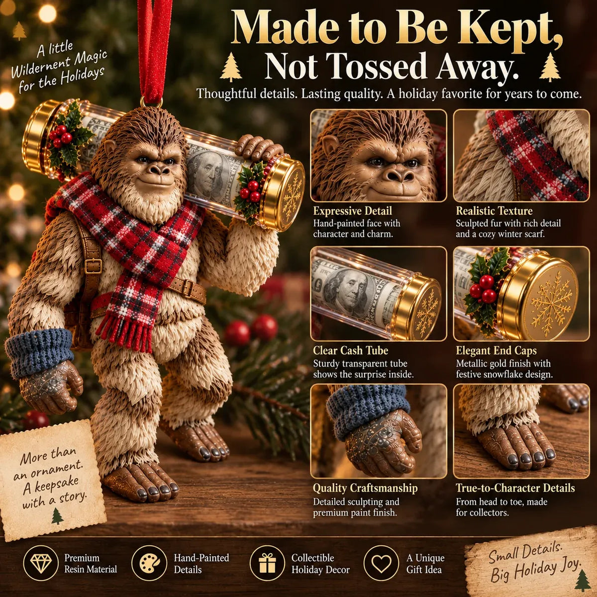 🎄👣 3D Bigfoot Christmas Cash Gift Ornament – Holiday Money Holder Keepsake ✨