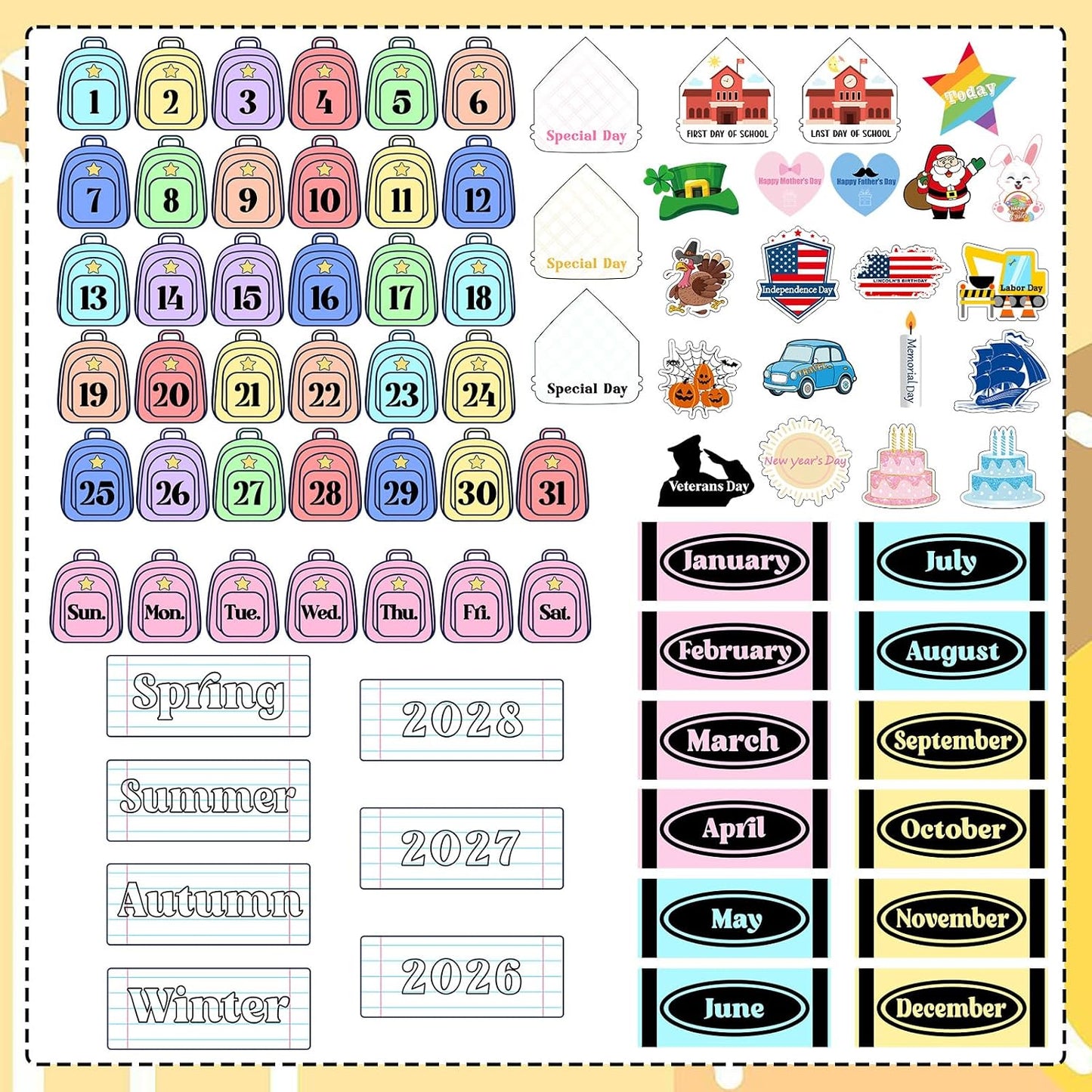 📅Back to School 2026-2028 Classroom Pencil Calendar Pocket Chart | 82 Educational Activity Cards🖍️
